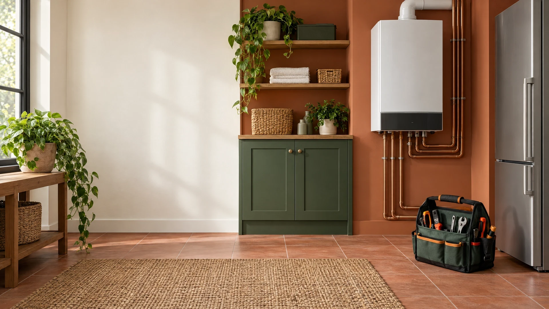 Tidy utility room with generic boiler refrigerator edge and tool pouch