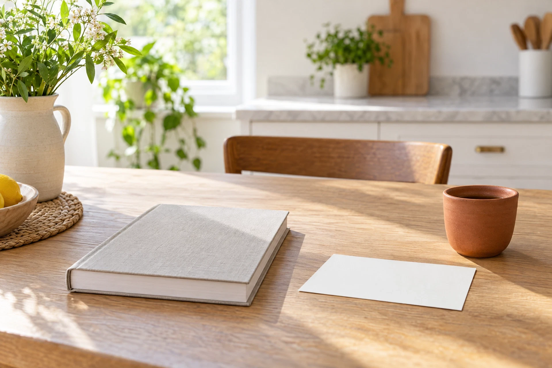 Bright kitchen table with closed household manual and blank note card