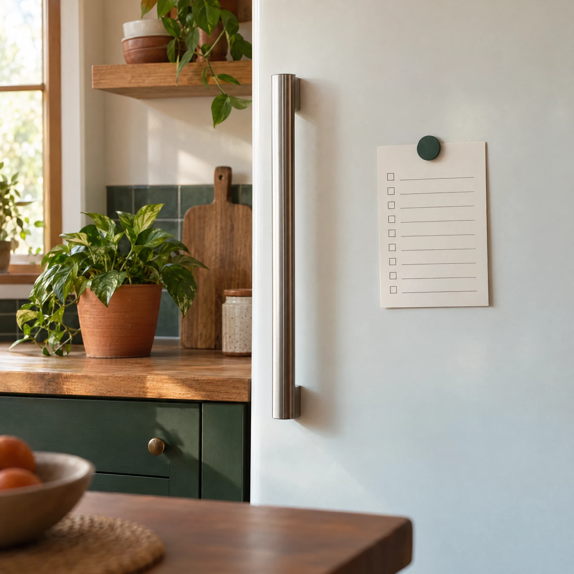 Clean generic refrigerator door with blank checklist card