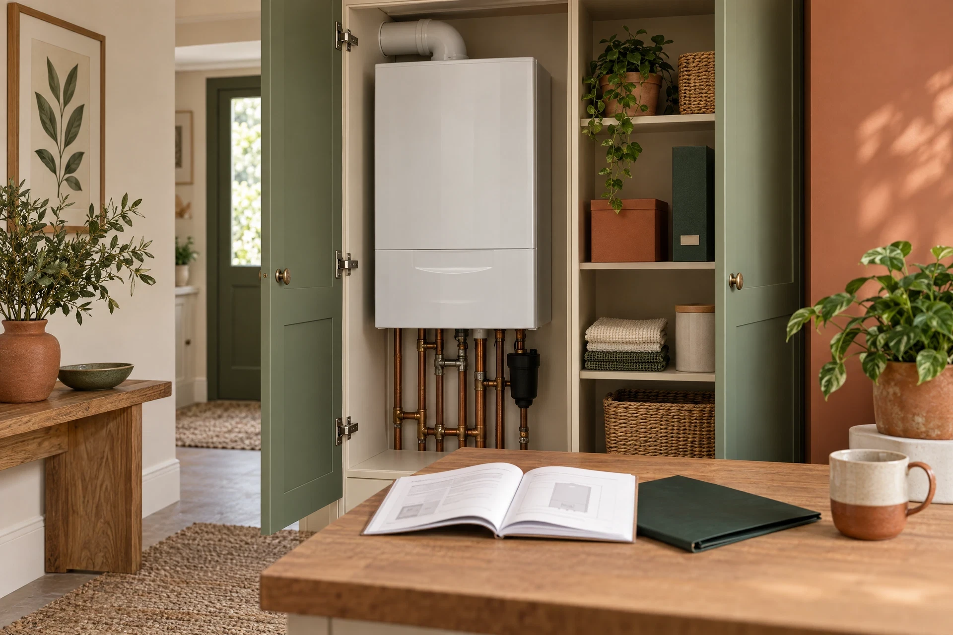 Tidy generic boiler cabinet with closed manual and folder