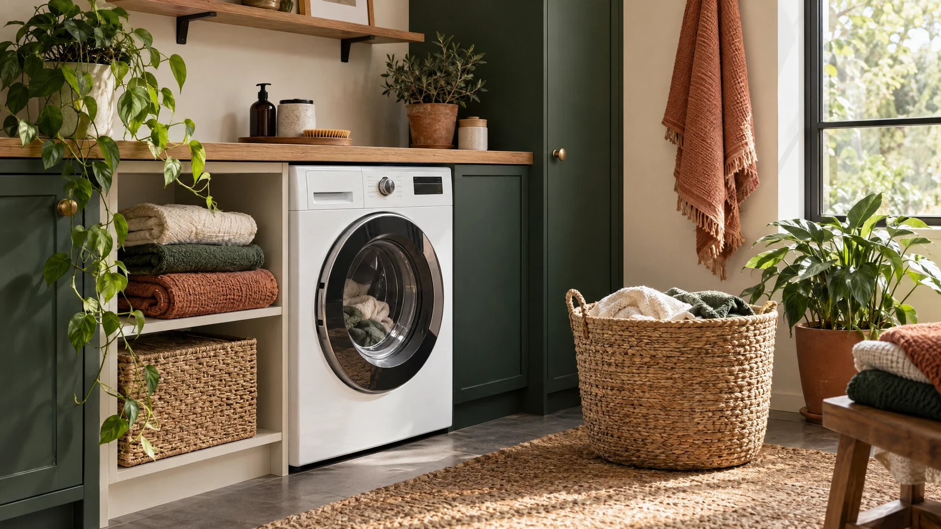 Calm laundry nook with generic washing machine and basket