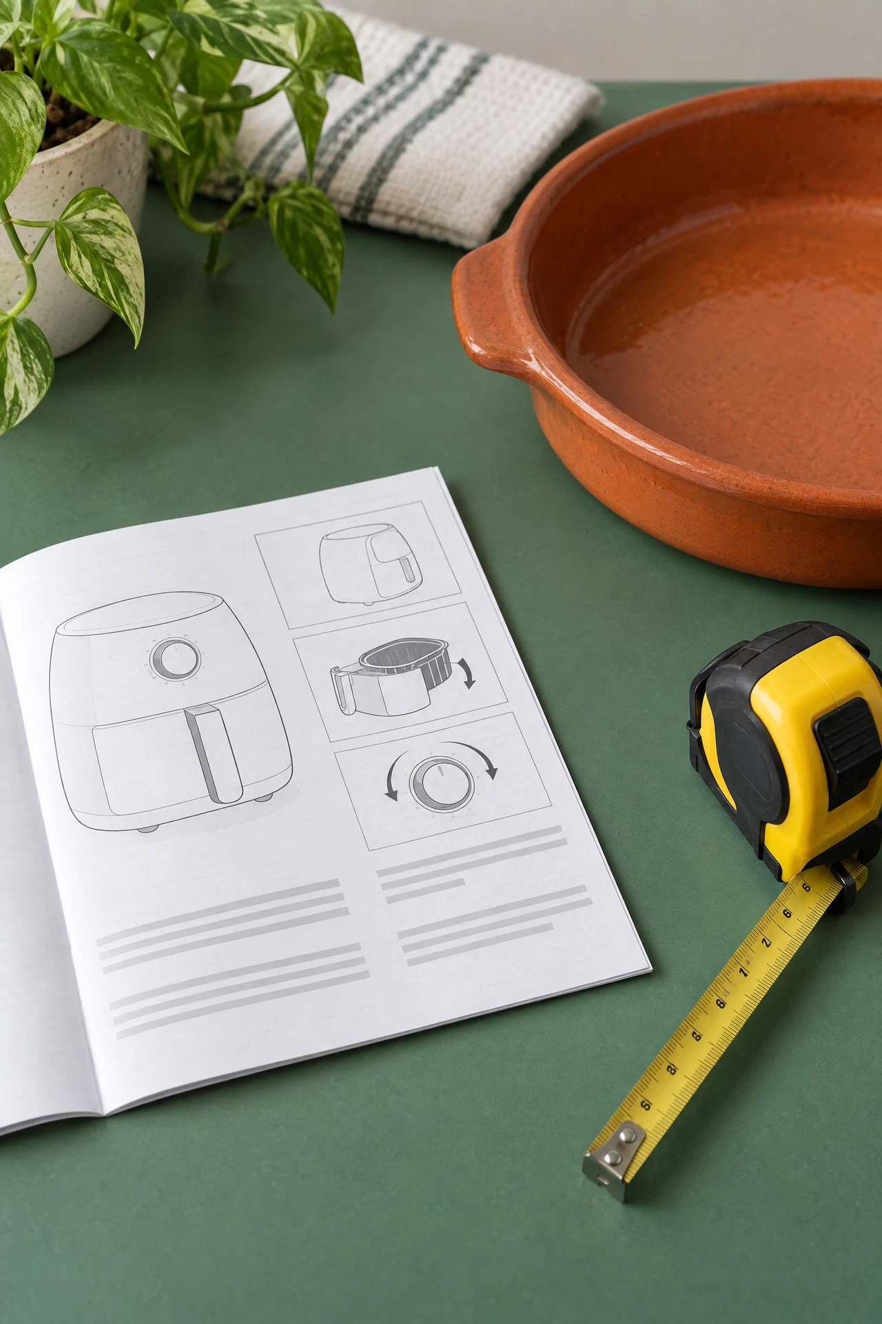 Generic appliance manual and measuring tape on green surface