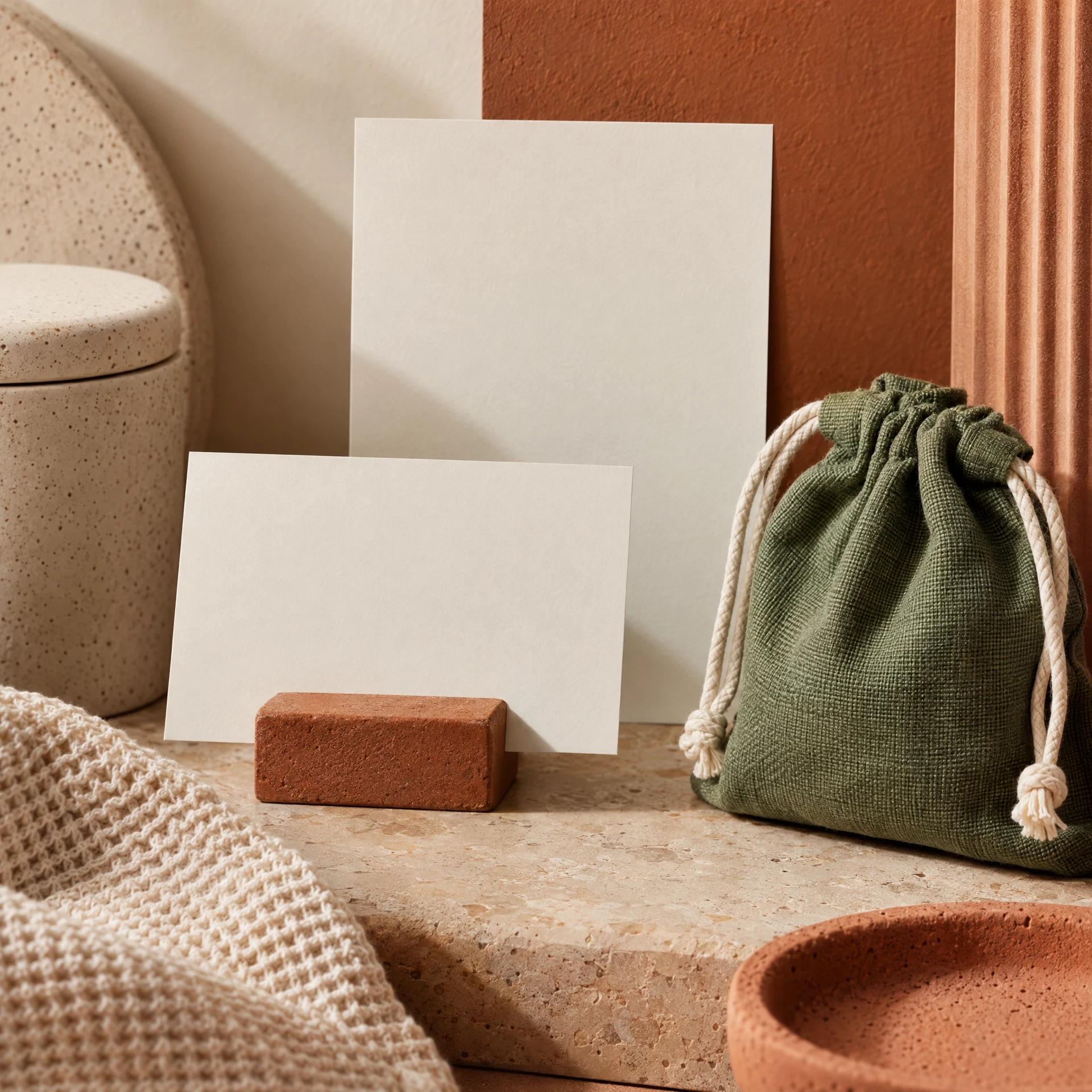 Domestic care still life with blank cards and pouch