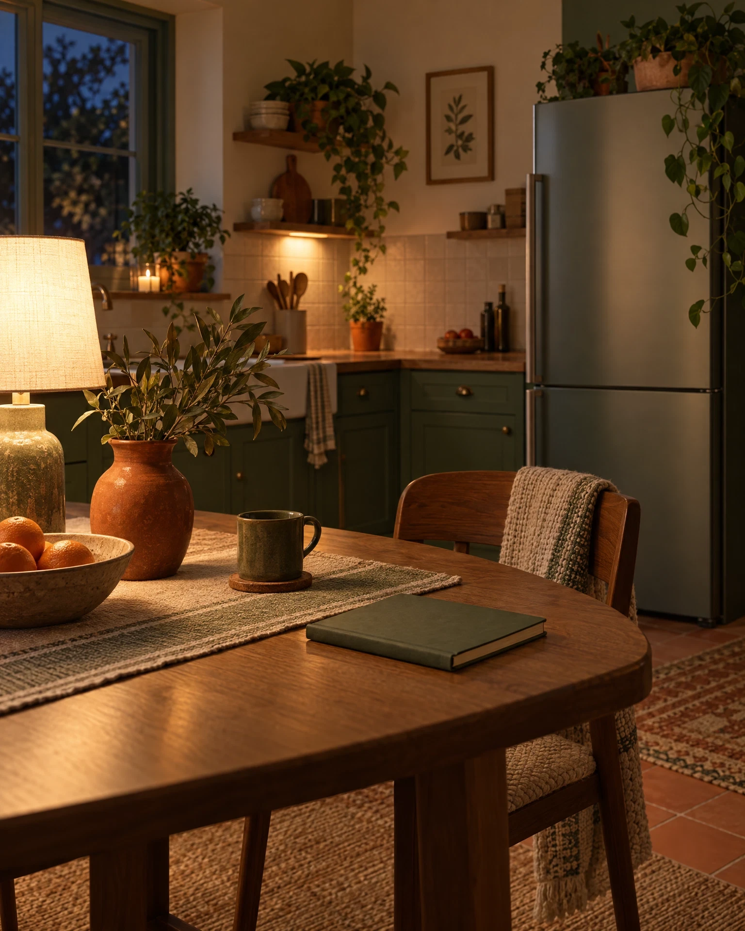 Evening kitchen with generic refrigerator and closed notebook